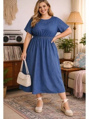 Vintage Spencer Alexis Retro 80s Indigo Denim Midi Dress Classic Made in‎ USA